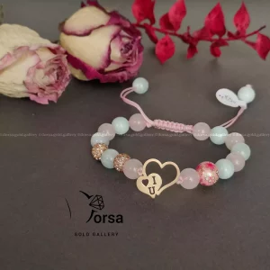 دستبند قلب و سنگ رز کوارتز و آکوامارین